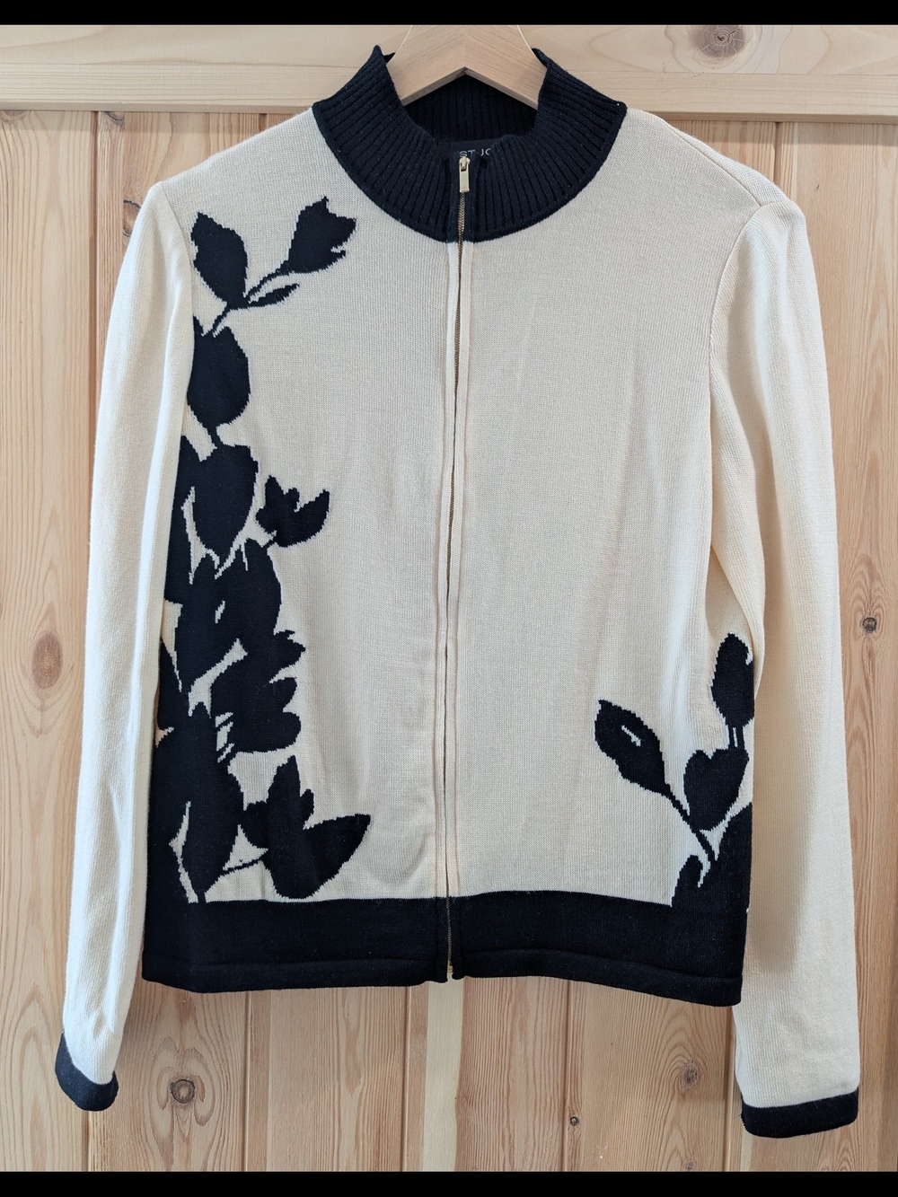 St. John 100% Wool Floral Knit Zip Cardigan Jacket Cream Black - Picture 2 of 9